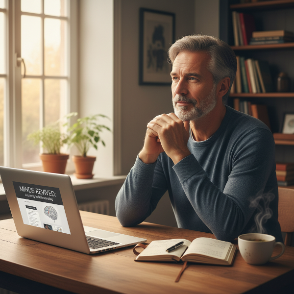 은퇴 후 새로운 온라인 심리 상담 사업을 시작한 59세 남성이 자신감을 찾아가는 모습을 담은 따뜻한 이미지입니다.