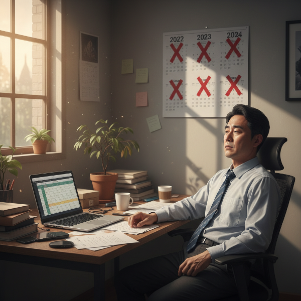 번아웃을 경험하는 40대 중반의 직장인이 무기력하게 사무실 책상에 앉아 있는 모습을 표현한 이미지입니다.