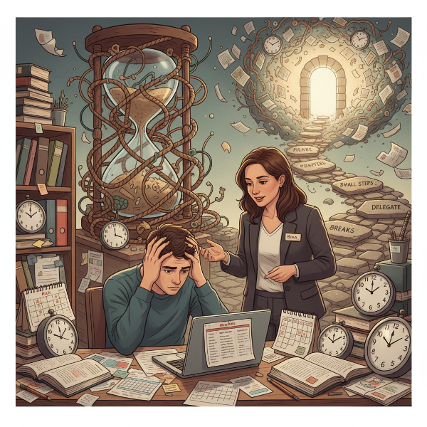 대학생이 시간 관리 고민을 심리학자와 상담하며, 작은 성공을 통해 혼란에서 질서로 나아가는 과정을 상징적으로 표현한 이미지