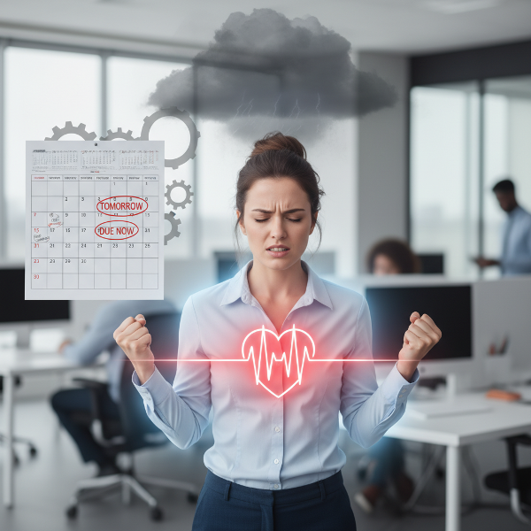 스트레스와 통제하기 어려운 분노를 겪는 30대 여성이 마음챙김 호흡으로 내면의 폭풍을 진정시키는 모습을 상징적으로 표현한 이미지입니다.