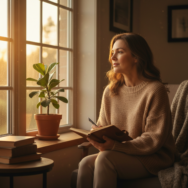49세 여성이 창가에서 일기를 쓰며 평화로운 일몰을 바라보는 모습으로, 자기 성찰과 변화에 대한 수용을 상징합니다.