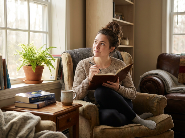 자기 성찰과 꿈 해석을 통해 내면을 탐색하는 여성이 조용한 공간에서 일기를 쓰고 있는 모습을 담은 이미지입니다.