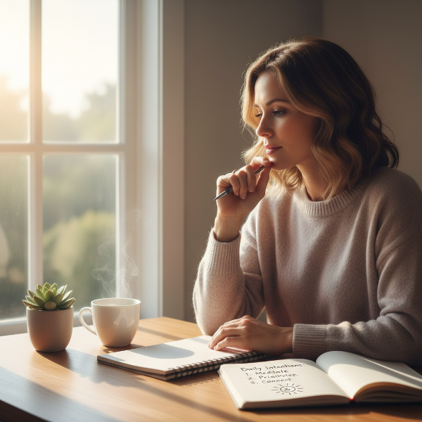 중요한 결정 앞에서 스트레스를 관리하고 긍정적인 습관을 찾는 여성을 담은 평화로운 이미지입니다.