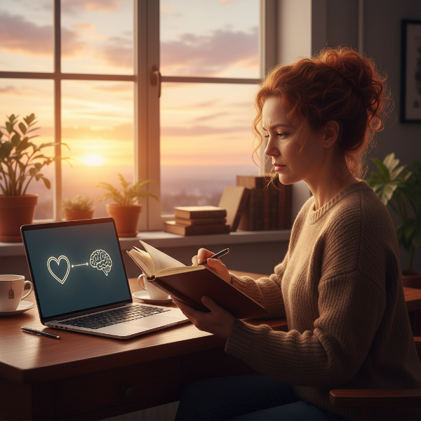 심리 상담 사이트를 운영하는 48세 여성이 복잡한 관계 문제를 성찰하며 내면의 감정과 소통을 탐구하는 모습을 담은 이미지입니다.