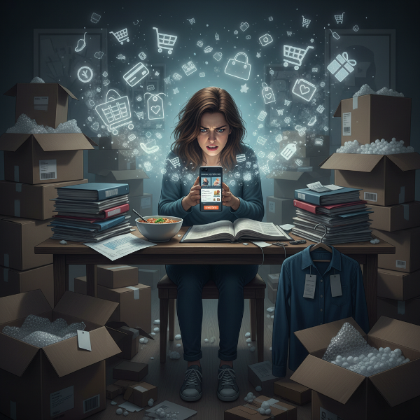스트레스를 받으며 쇼핑 앱을 보는 여성이 정리되지 않은 방에서 필요 없는 물건들에 둘러싸인 모습을 담은 이미지입니다.