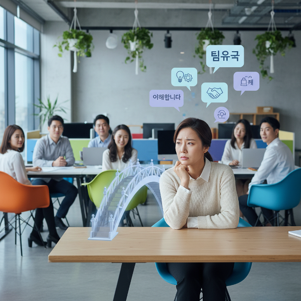 직장에서 갈등을 겪는 여성이 적극적 경청과 열린 의사소통을 통해 협업 환경을 개선하는 모습을 묘사한 이미지