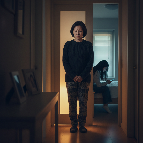 한국인 어머니가 닫힌 딸의 방문 앞에서 고민하는 모습과, 방 안에서 휴대폰을 보는 십대 딸의 실루엣을 담은 이미지입니다.