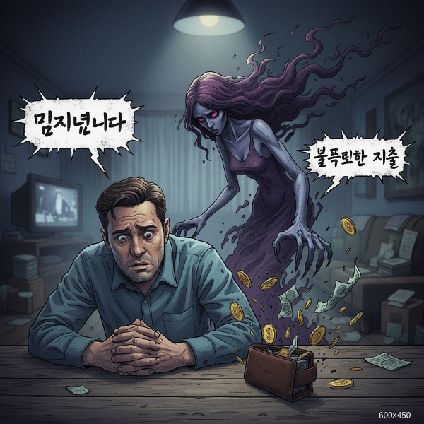 통제적인 금전 태도와 말 돌리기로 인해 혼란과 자신감 저하를 겪는 남성을 상징적으로 표현한 이미지입니다.