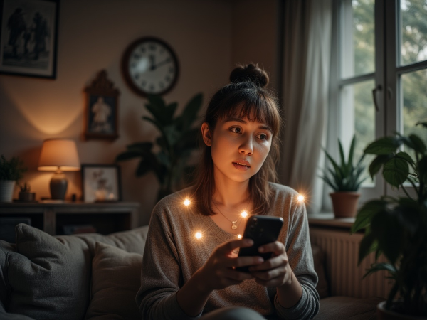 스마트폰 게임 중독으로 일상에 지장을 겪는 38세 여성이 고민하는 모습을 가정 환경과 상징적 요소로 표현한 이미지입니다.