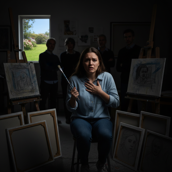 졸업 전시 준비로 창작 불안을 겪는 여대생이 작업실에서 불안한 마음으로 붓을 들고 있는 모습을 표현한 이미지입니다.