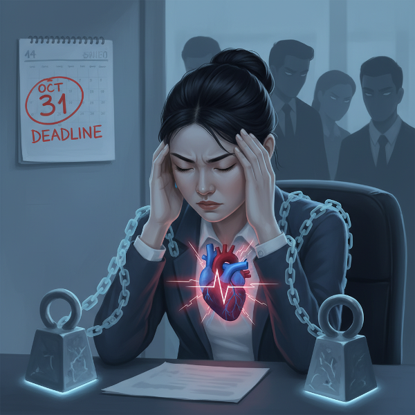 스트레스와 완벽주의로 인한 피로와 불안을 겪는 젊은 여성 직장인의 내적 갈등과 신체적 증상을 상징적으로 표현한 이미지입니다.