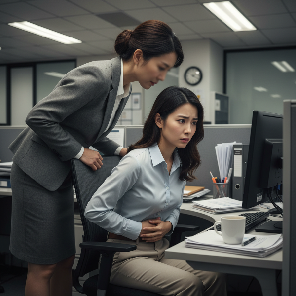 직장 내에서 상사의 과도한 관심과 경계 침해로 인해 스트레스를 받고 있는 젊은 여성 직원을 묘사한 이미지입니다.