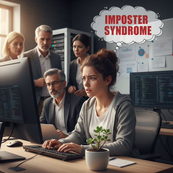 사무실에서 불안해하는 젊은 여성 소프트웨어 엔지니어가 경험 많은 팀원들 사이에서 사기꾼 증후군을 느끼고, 작은 성장과 긍정적인 빛을 통해 자신감을 찾아가는 모습을 상징적으로 표현한 이미지입니다.