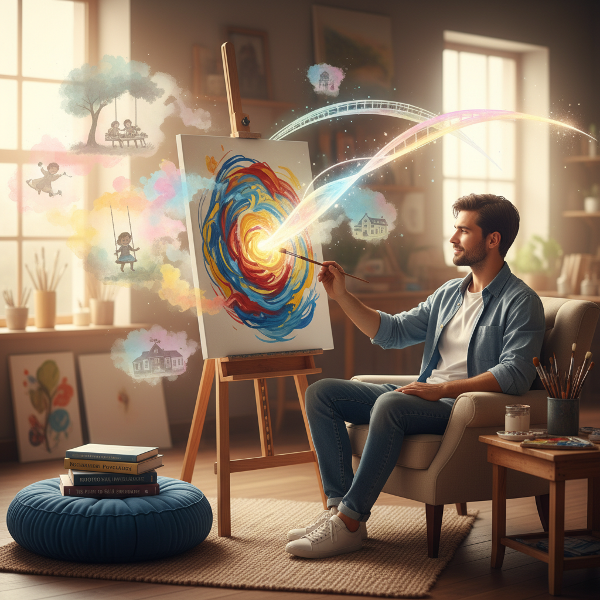 한 청년이 미술치료실에서 그림을 그리며 내면의 감정과 어린 시절 기억을 탐색하는 모습. 명상과 협상 심리학 책이 주변에 놓여 있으며, 성장과 자기 발견의 여정을 상징적으로 표현한 이미지입니다.