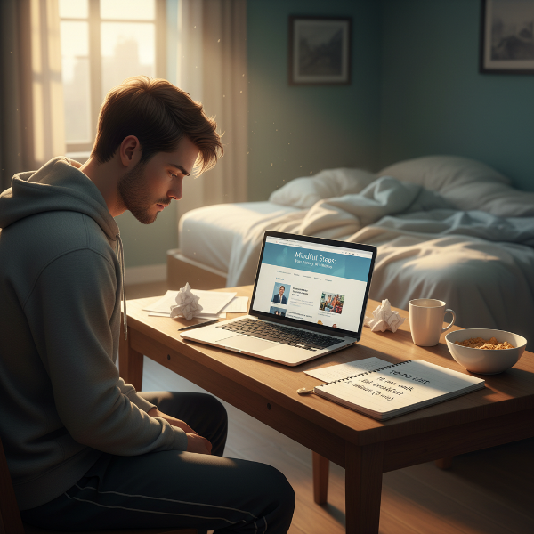 우울감과 무기력함을 겪는 20대 남성이 심리 상담 웹사이트를 보며, 작은 일상 목표를 적은 노트와 함께 창문 너머 햇빛을 바라보는 모습을 담은 이미지입니다.