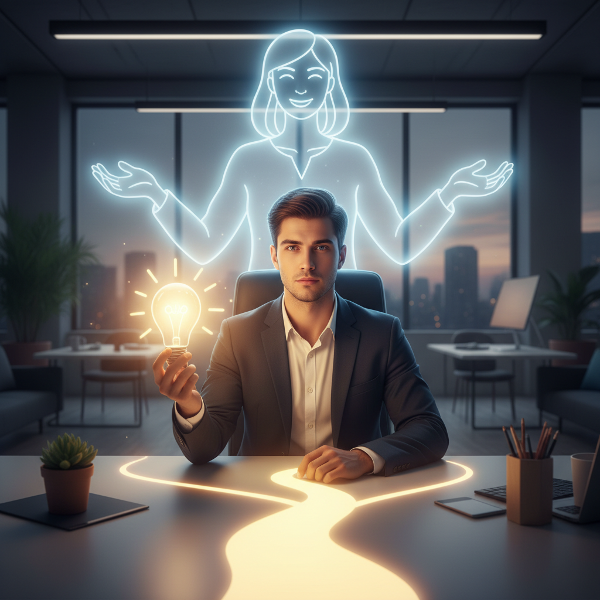 진로 고민을 하는 젊은 직장인이 심리학자의 조언을 받으며 미래의 길을 바라보는 모습을 상징적으로 표현한 이미지입니다.