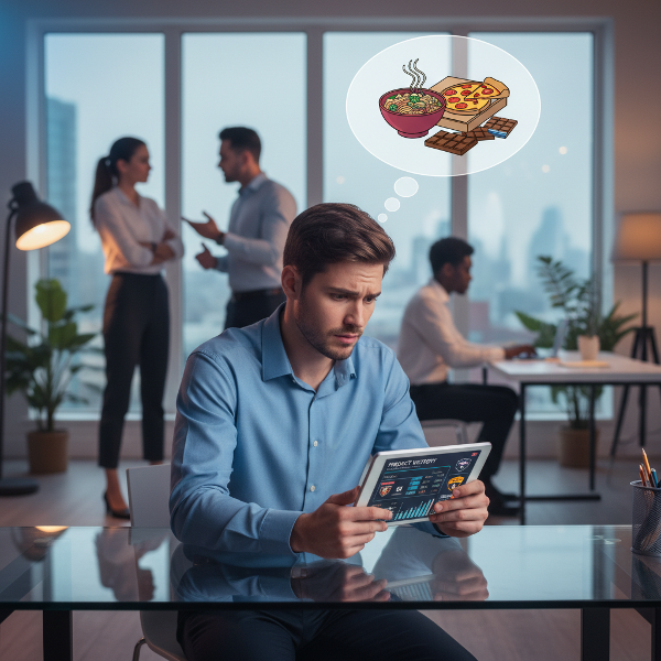 24세 남성 팀 리더가 스포츠 프로젝트와 팀 갈등으로 스트레스를 받으며 폭식 충동을 느끼는 모습을 담은 이미지