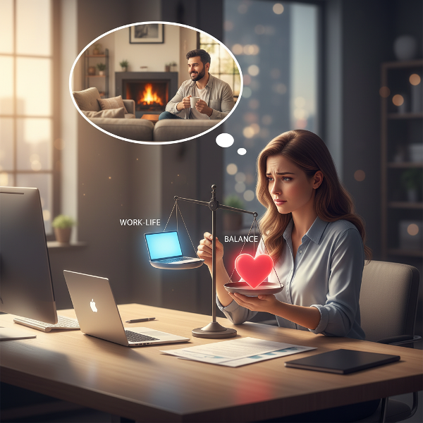 일과 사랑의 균형을 찾는 젊은 여성의 감정적 갈등을 상징적으로 표현한 이미지입니다.