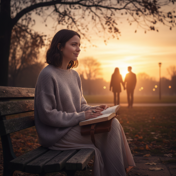 관계의 친밀감 변화를 고민하는 젊은 여성이 공원에서 자신을 성찰하는 모습을 담은 이미지입니다.
