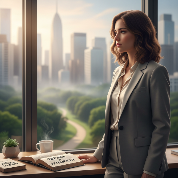 진정성을 찾기 위해 내면을 성찰하는 젊은 여성의 모습을 담은 이미지입니다.