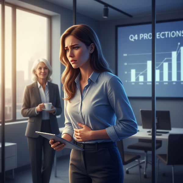 직장 내 스트레스로 인한 심리적 갈등과 신체 증상을 표현한 이미지로, 한 여성이 발표 준비 중 복통과 불안을 느끼는 모습과 지지적인 동료의 존재를 담았습니다.