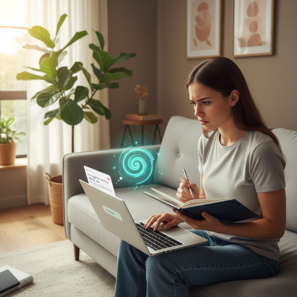 고민하는 젊은 여성이 심리 상담을 받으며 감정을 정리하는 차분한 실내 장면입니다.