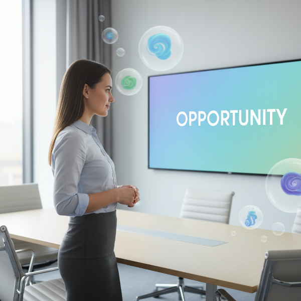 회의실에서 발표를 준비하는 젊은 여성이 긴장하면서도 희망을 찾아가는 모습을 담은 이미지입니다.