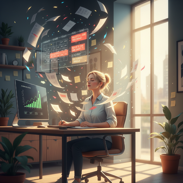 직장에서 업무와 재정 압박으로 스트레스를 받는 젊은 여성이 마음챙김 호흡을 통해 균형을 찾아가는 모습을 담은 이미지입니다.