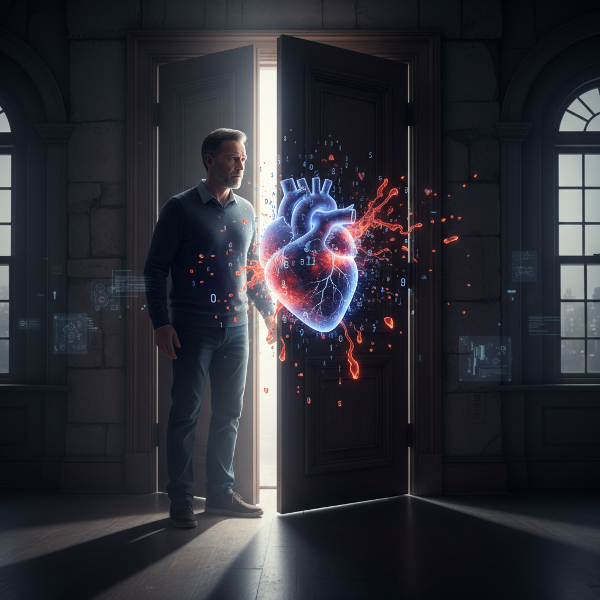 Een man staat voor een symbolische drempel, zijn technische wereld botsend met zijn emotionele verlangen naar verbinding.