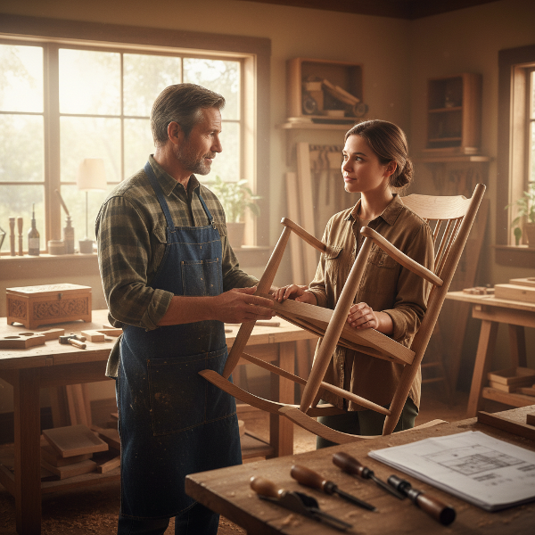 Een man in zijn houtwerkplaats, in gesprek bij een werkbank, met zachte avondlichtinval en houtsnippers op de grond.