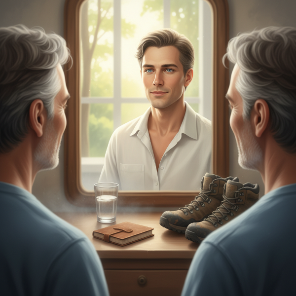 Een man ziet in zijn reflectie de overgang van stress en alcoholgebruik naar zelfobservatie en gezonde alternatieven zoals wandelen en een dagboek.