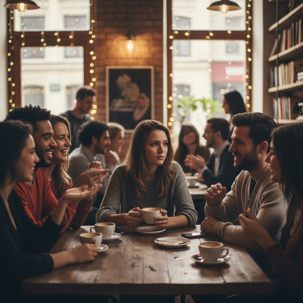 Een verlegen jonge vrouw zit aan een tafel met vrienden die oppervlakkig praten, terwijl zij stil en eenzaam voor zich uit staart.