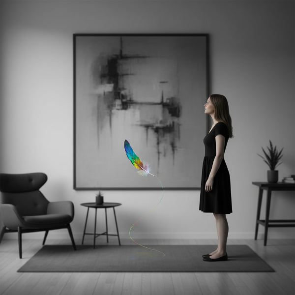 Een grafisch ontwerper ervaart een grijze, emotionele leegte, maar een klein begin van kleur en beweging daagt de onverschilligheid uit.