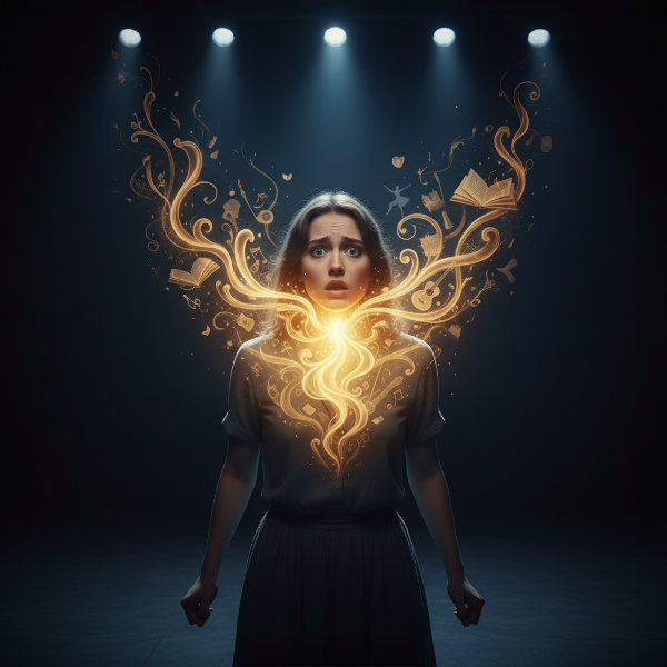 Een illustratie van performance anxiety, waar een muzikante op het podium bevriest, maar haar innerlijke passie en angst zichtbaar botsen.