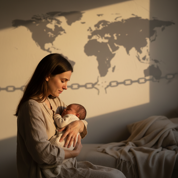 Een geadopteerde moeder houdt haar baby vast, met symbolische schaduwen van haar verleden en identiteitsstrijd op de achtergrond.