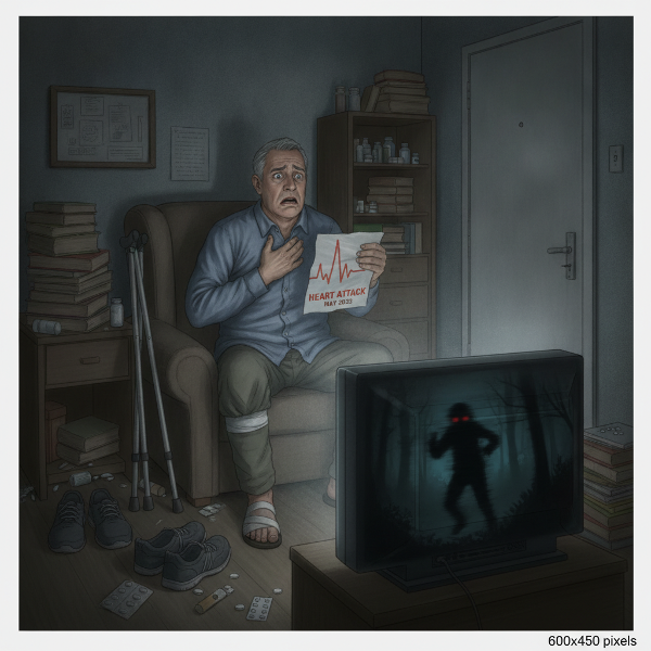 Een oudere man zit voor het raam in een kleine kamer, met een bezorgde blik en een hand op zijn borst, terwijl buiten een wandelpad zichtbaar is dat hij niet durft te betreden.