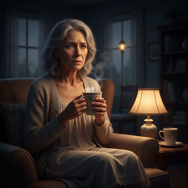 Een oudere vrouw zit in een schemerige kamer met een kopje thee, terwijl een nachtlampje een zacht licht geeft, wat haar eenzaamheid en angst na het verlies van haar man weerspiegelt.