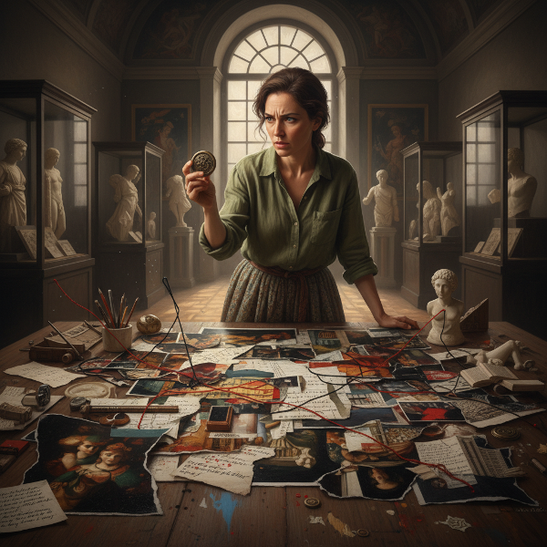 Een vrouw in een museumomgeving die een antieke knoop vasthoudt, terwijl ze een collage maakt, wat staat voor het omzetten van compulsief verzamelen in creatieve expressie onder druk.