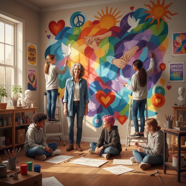 Een ervaren kunstleraar begeleidt een groep middelbare scholieren bij het maken van een gezamenlijk kunstwerk in een inspirerend atelier, symbool voor het ontwikkelen van empathie via creatieve samenwerking.
