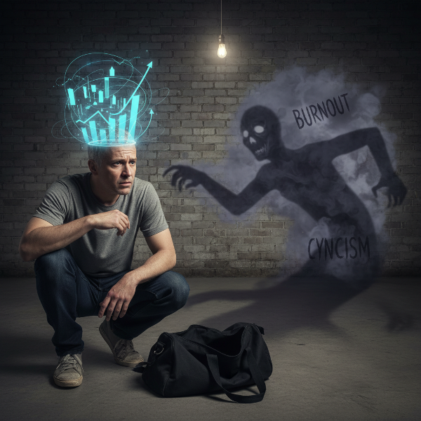 Illustratie van een jonge man in een kantooromgeving, overweldigd door werkstress en malende gedachten, met visuele symbolen van burn-out signalen zoals hoofdpijn en emotionele vervreemding.