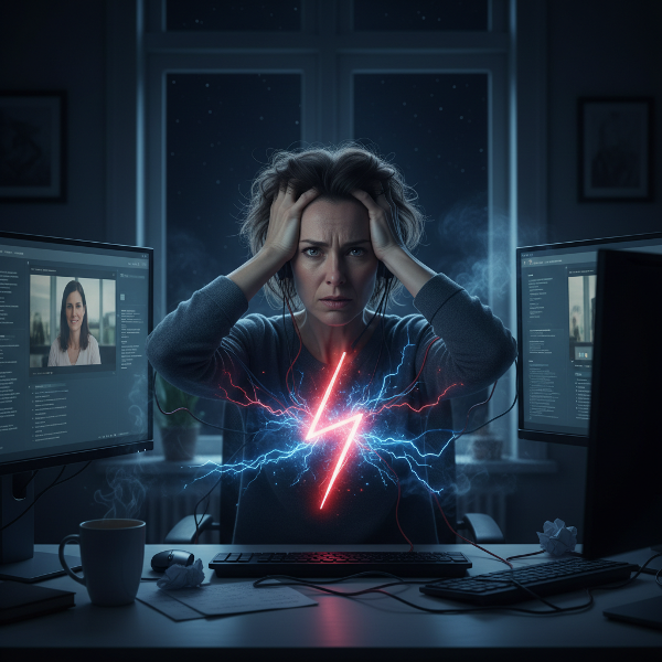 Een illustratie van compassiemoeheid: een vrouw ziet er uitgeput uit, omringd door symbolen van haar helpend werk, terwijl een innerlijke storm van woede en kortsluiting door haar heen gaat.