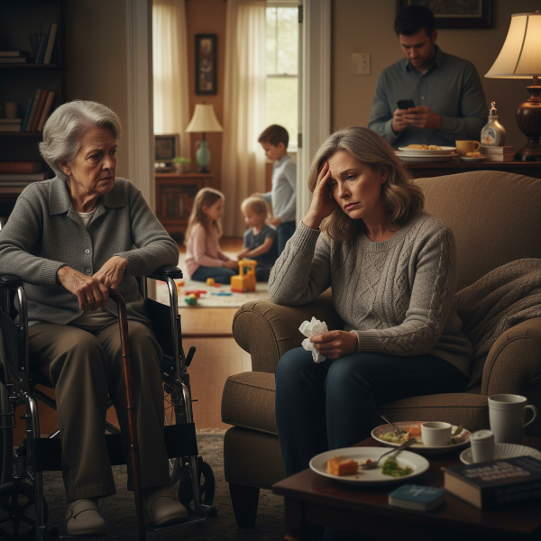 Een vrouw van middelbare leeftijd die overweldigd wordt door de zorg voor haar prikkelbare moeder, terwijl haar eigen gezin op de achtergrond spanning ervaart, symbool voor uitputting en loyaliteitsconflict.