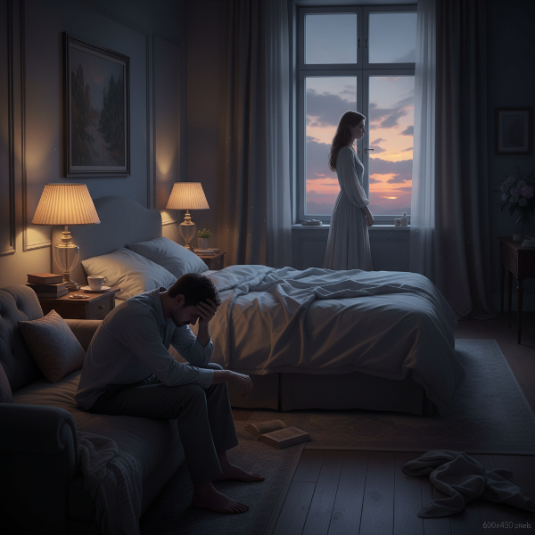 Een stille slaapkamer met een leeg bed, een vermoeide man op de bank en een treurige vrouw die uit het raam kijkt bij zachte avondschemering