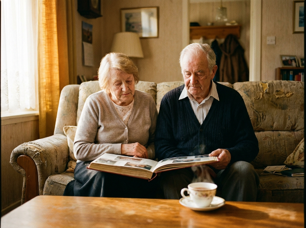Een koppel op een bank, fysiek dichtbij maar emotioneel afstandelijk, met een fotoalbum dat herinneringen oproept en een theekopje dat kleine rituelen symboliseert.