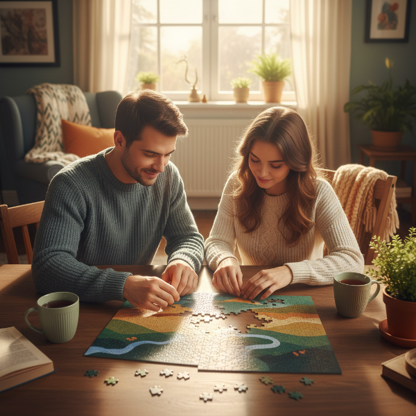 Een koppel werkt samen aan een puzzel in een rustige, huiselijke setting, wat staat voor het herstellen van hun relatie na werkstress en burn-out.