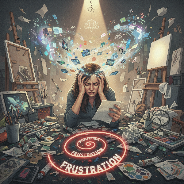 Een illustratie van een vrouw omringd door visuele prikkels en een creatieve leegte, die naar een rustpunt en een doorbraak zoekt.