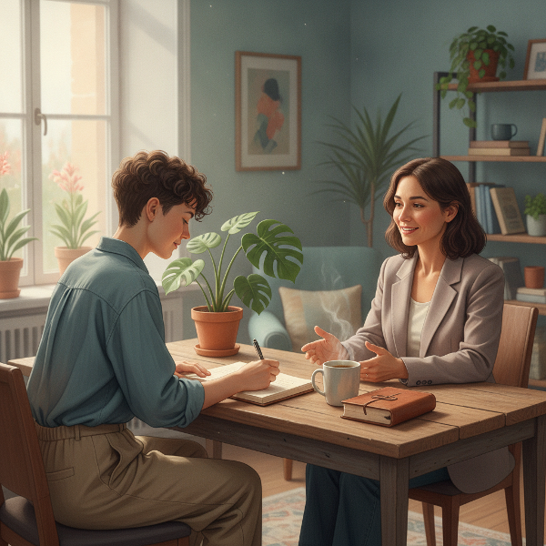 Een serene scene met een persoon in reflectie, een theekopje en een plant, symboliserend zelfzorg en het opbouwen van emotionele banden in kleine stappen.