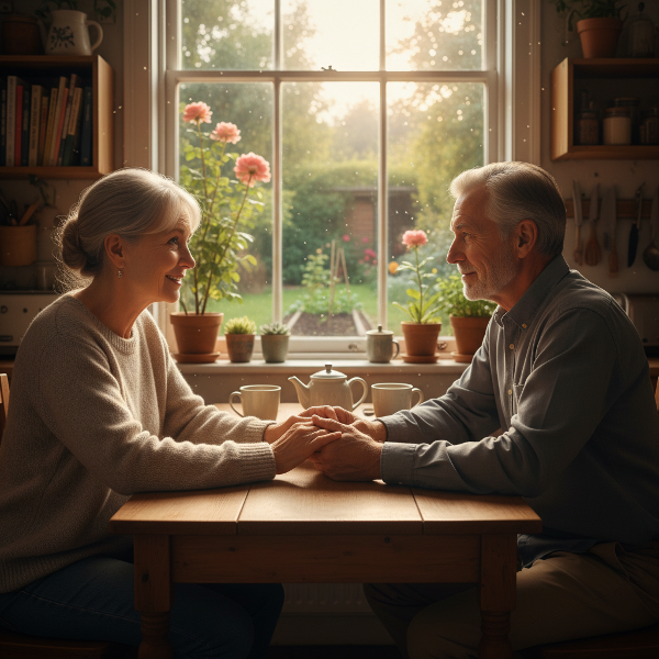 Een gepensioneerd stel herontdekt emotionele verbinding door een eerlijk gesprek aan hun keukentafel, symboliserend het opnieuw leren daten na jaren samen.