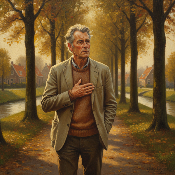 Een 63-jarige man zit thuis op de bank, hand op zijn borst, kijkt nadenkend uit het raam, naast hem een wandelstok, met een warm kleurenpalet dat kalmte uitstraalt.