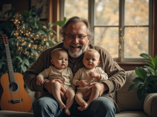 Een 60-jarige muzikant die zijn tweeling vasthoudt, terwijl muzieknoten en een gitaar overgaan in een stabiele thuissfeer, wat de integratie van zijn artistieke identiteit met het nieuwe vaderschap symboliseert.
